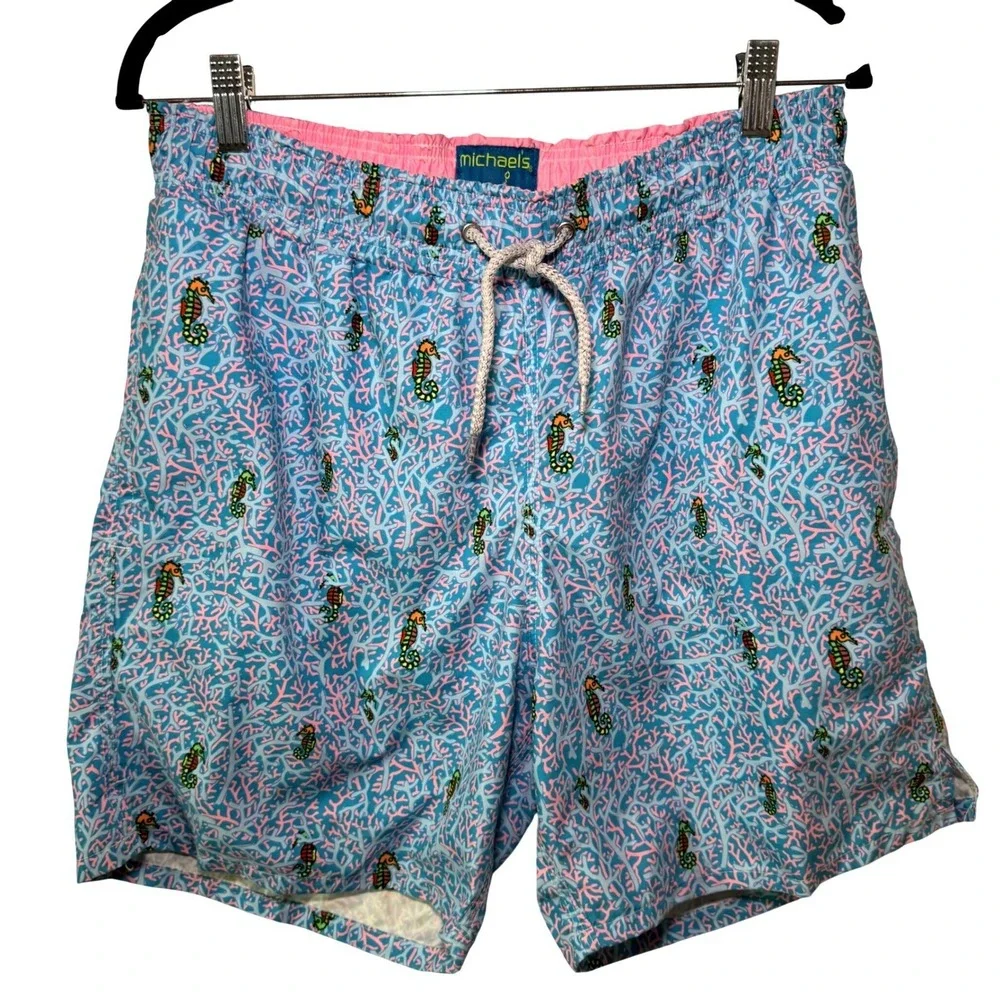 Michaels Mens Swim Trunks Shorts Seahorse Coral Print‎ Blue Pink Size M USA